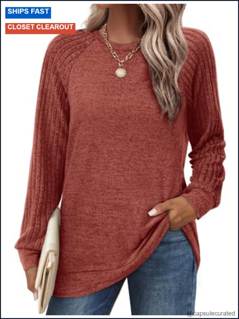 Lightweight Tunic Sweatshirt Long Sleeve Crewneck Raglan Top Casual Fall Winter
